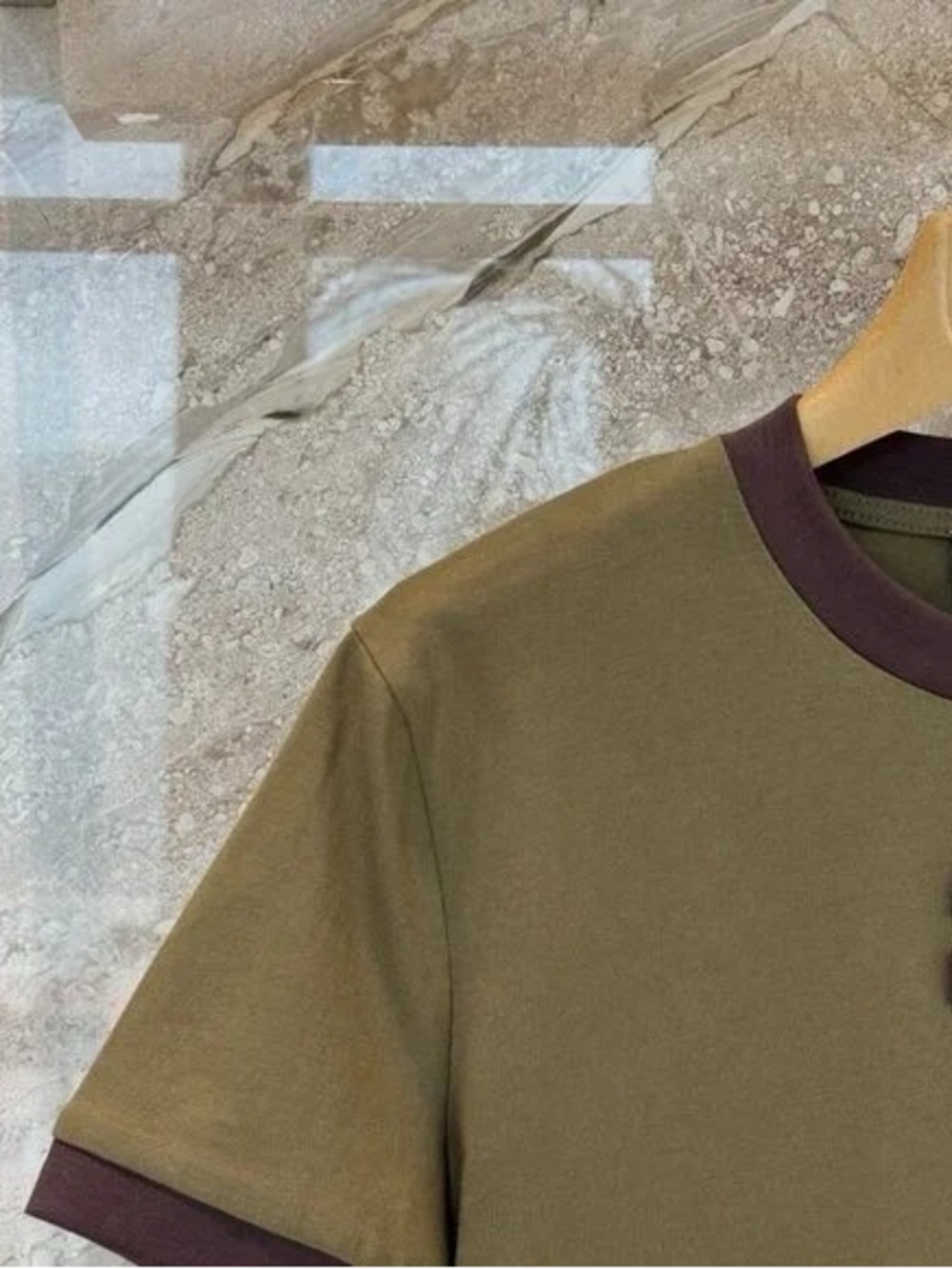 Miu Miu Olive Green Short Sleeve Logo Ringer Tee with Brown Trim - Picture 5 of 5